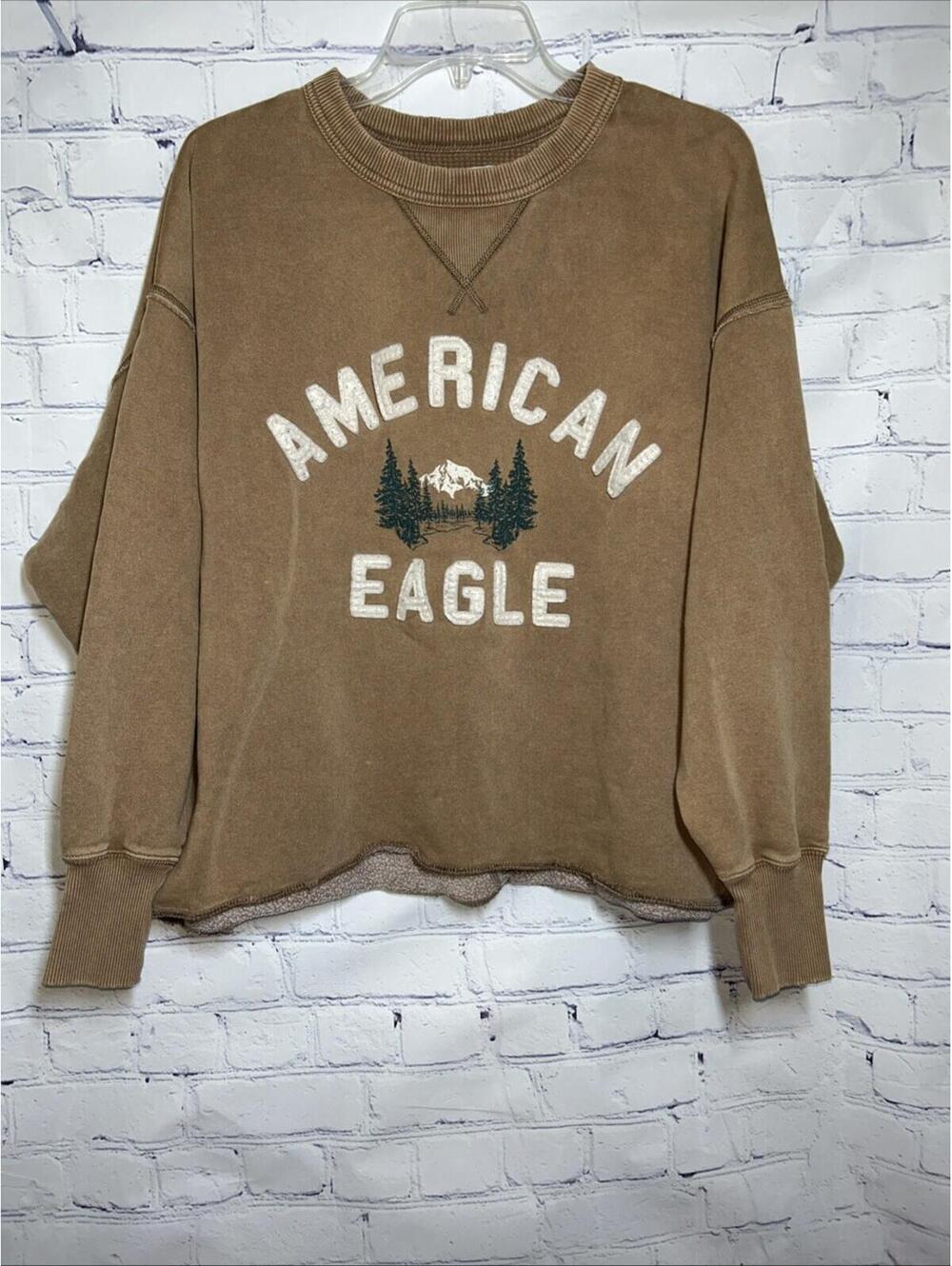 American Eagle Logo Semi Crop Sweatshirt Brown Raw Hem Women’s Sz Small Oversize